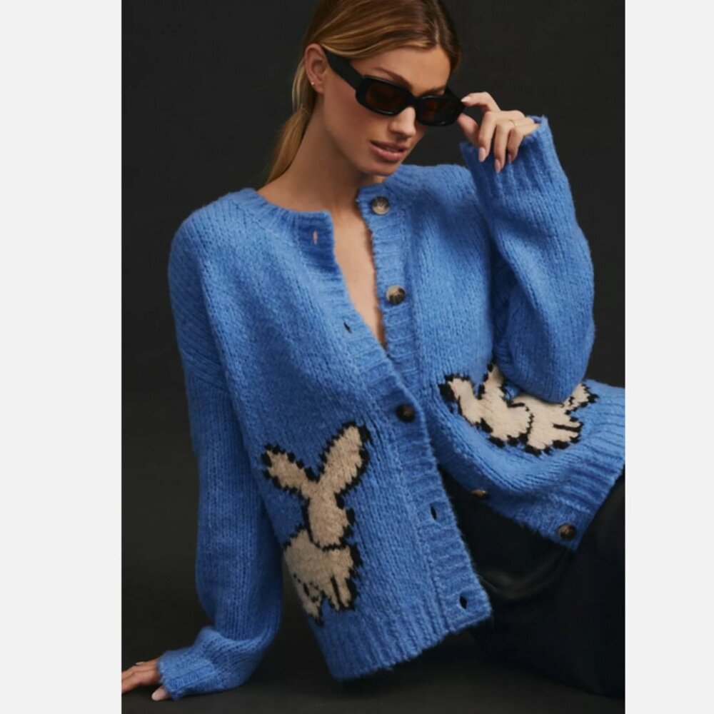 Anthropologie Maeve Bunny Slope Cardigan Sweater Cornflower Blue L NWT Bunnies